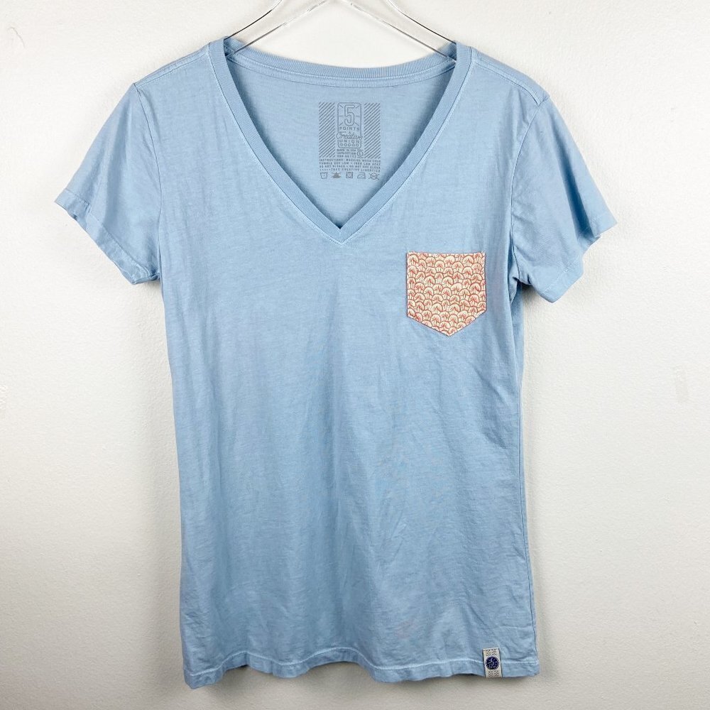 5 POINTS | Blue T Shirt with Orange Patterned Pocket V Neck